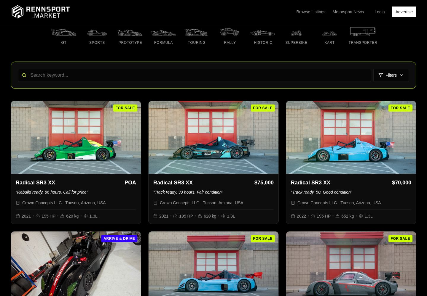 Rennsport Market showing race cars for sale, vehicle details and category filters